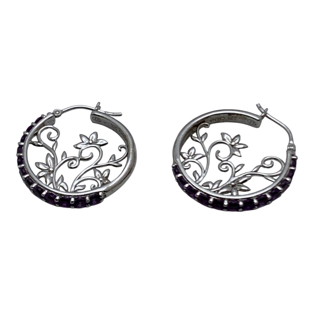 Sterling Silver & Purple Stone Earrings: Marked 925 - 1 1/8" Long - 9.0 Grams