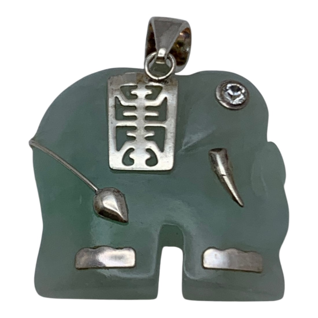 Sterling Silver & Carved Jade Elephant Pendant: Marked 925 - 1" Long - 4.4 Grams
