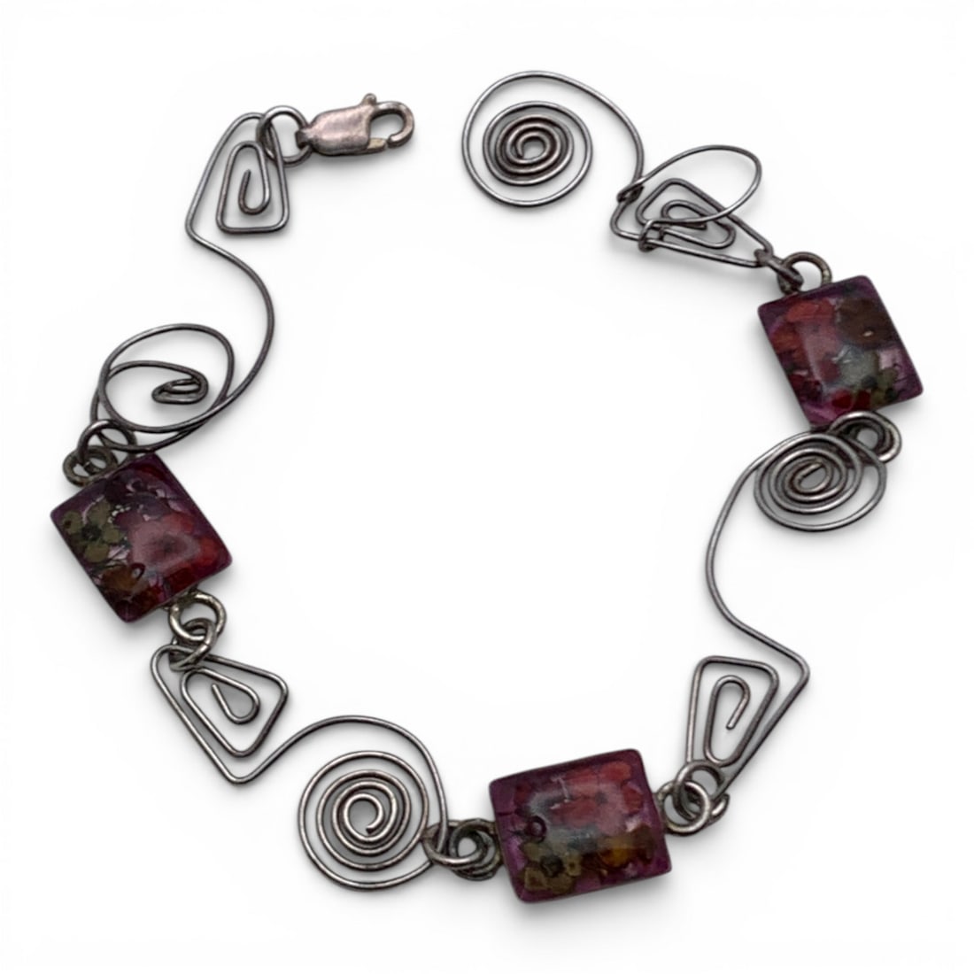 Sterling Silver Art Glass Bracelet: Marked 925 - 8" Long - 7.2 Grams