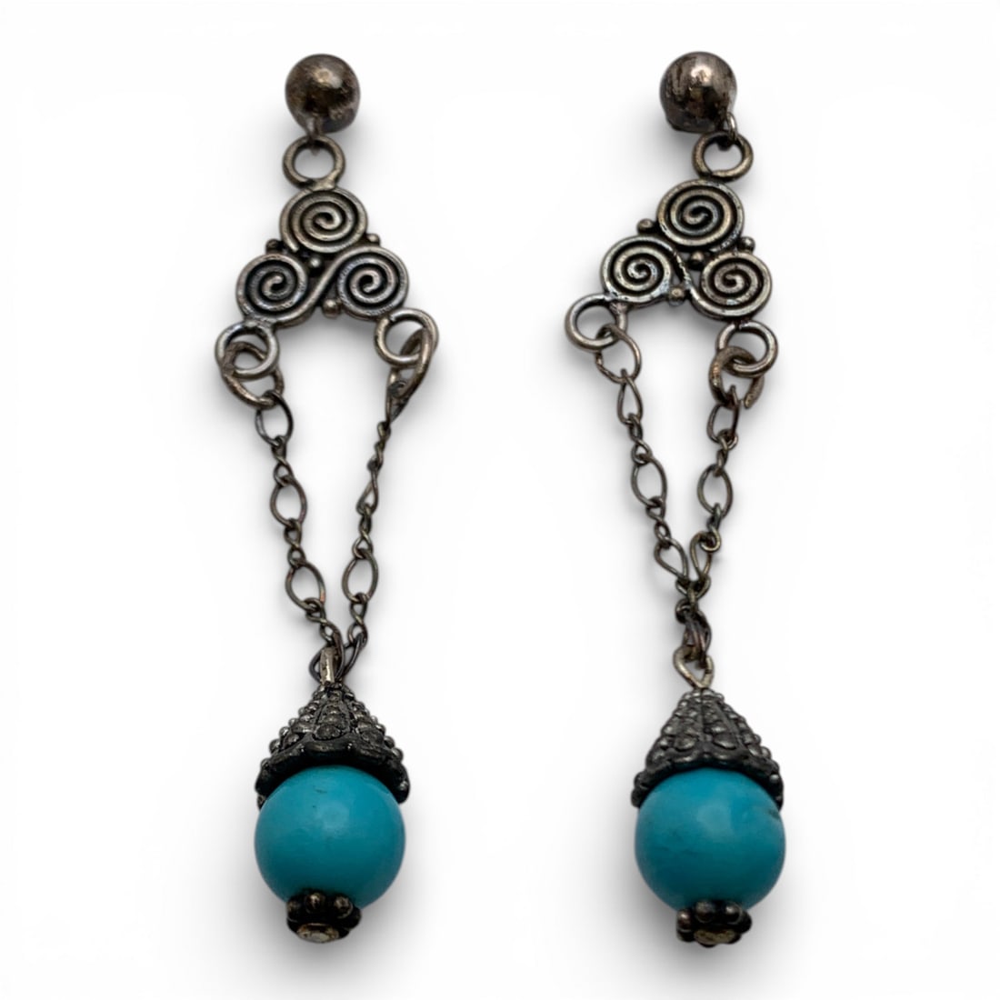 Silver & Blue Stone Dangle Earrings: Tests Silver - 2 1/4" Long - 6.9 Grams