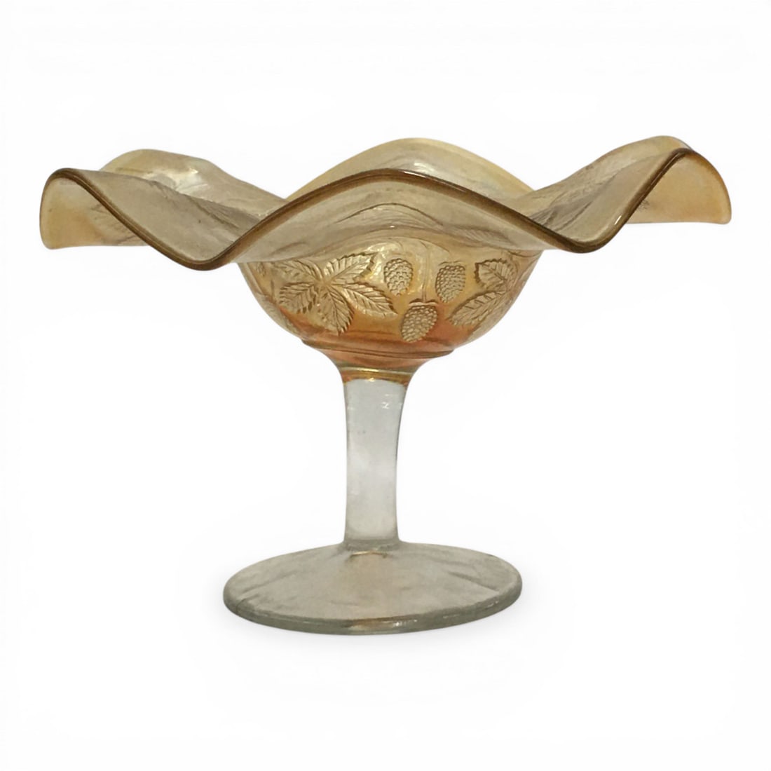 Carnival Glass Blackberry Design Footed Compote: 4.25" Tall.