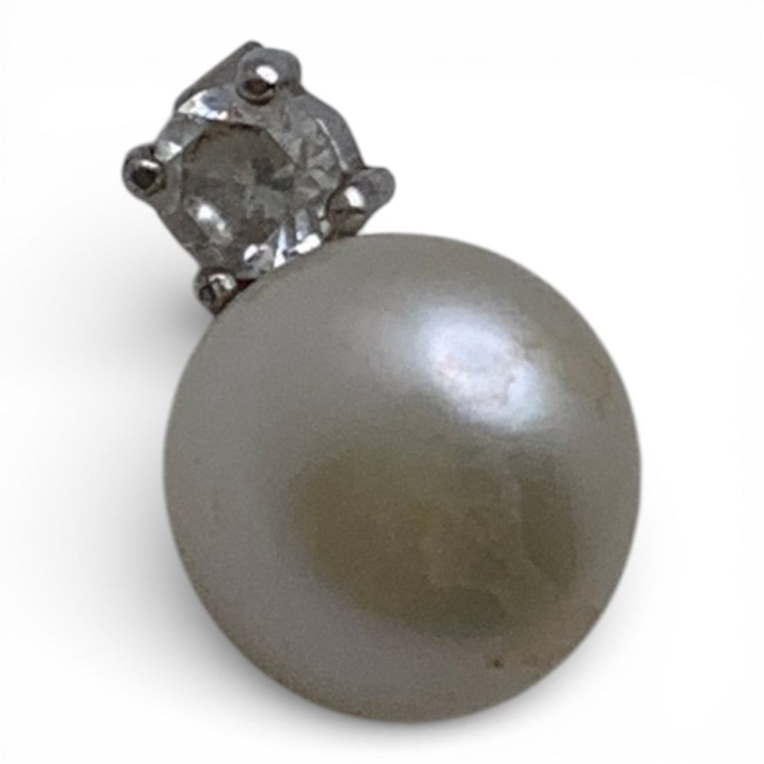 Silver Pearl & Clear Stone Pendant: Tests Silver - 5/8" Long - 1.7 Grams