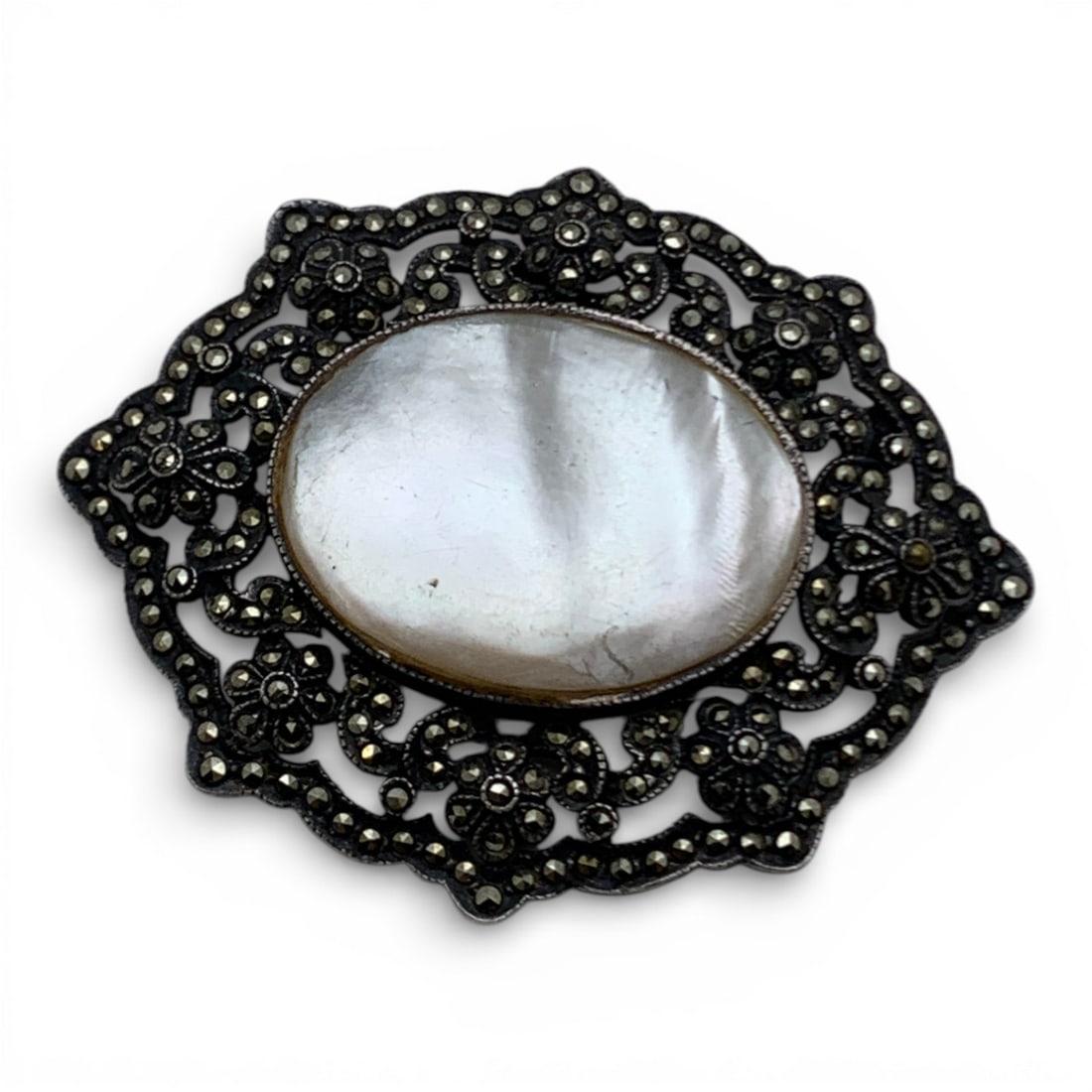 Sterling Marcasite & Mother Of Pearl Pin: Marked 925 - 2 1/4" Long - 21.0 Grams