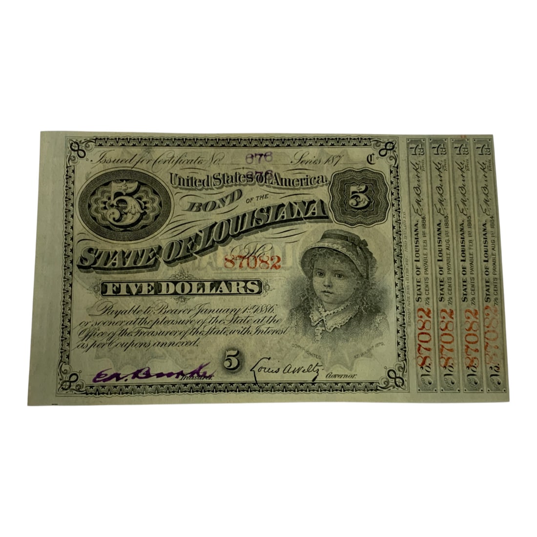 Louisiana $5 Baby Bond Note: United States Of America Bond Of The State Of LouisianaSee Photos