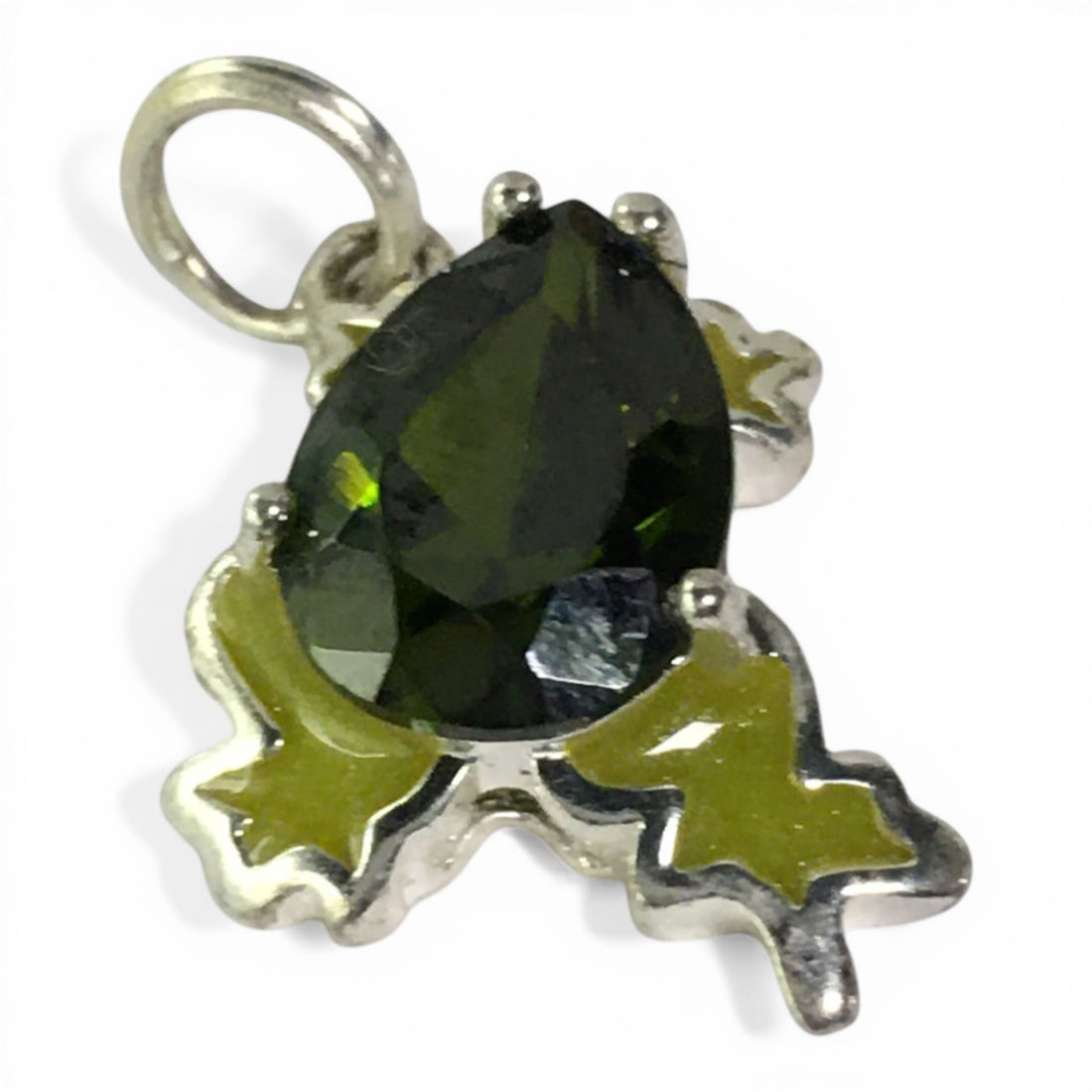 Sterling, Enameled & Green Stone Frog Pendant: Marked 925. 2.9 G. 1" Long.