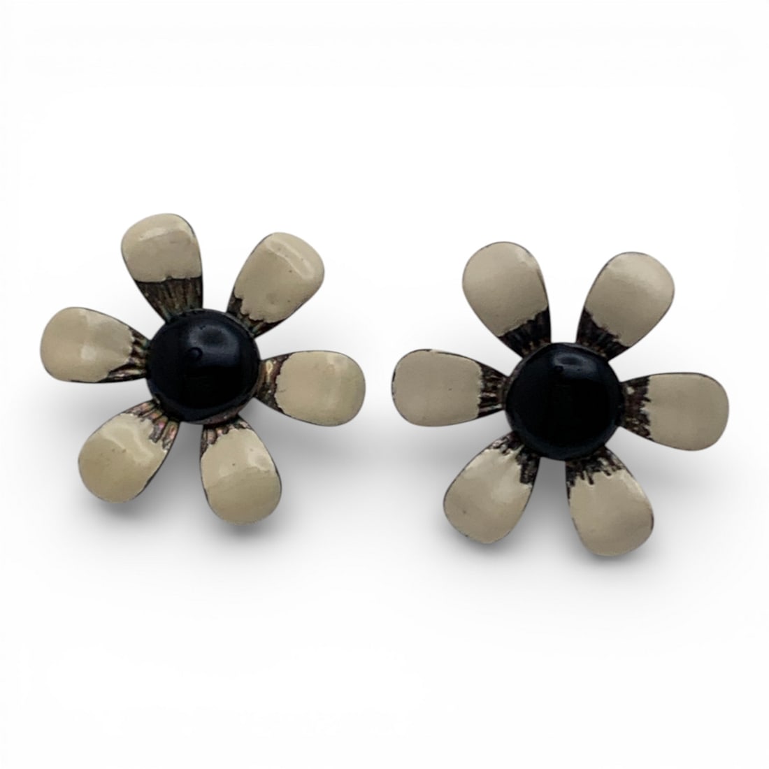 Pair Of Silver Enameled Floral Earrings: Tests Silver - 7/8" Long - 4.0 Grams