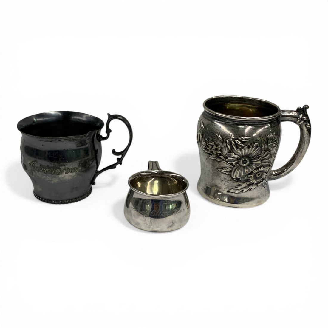3 Antique Christening Cups: 2 Sterling Silver Cups 1 Silver Plate Cup1 Marked Sterling 43 - Bears Marks - 3 1/4" Tall - 3.650 Ozt1marked Sterling 4589, Sanitary Soldered Edge - 1 1/4" Tall - 1.085 Ozt1 Marked Quadruple Plate,
