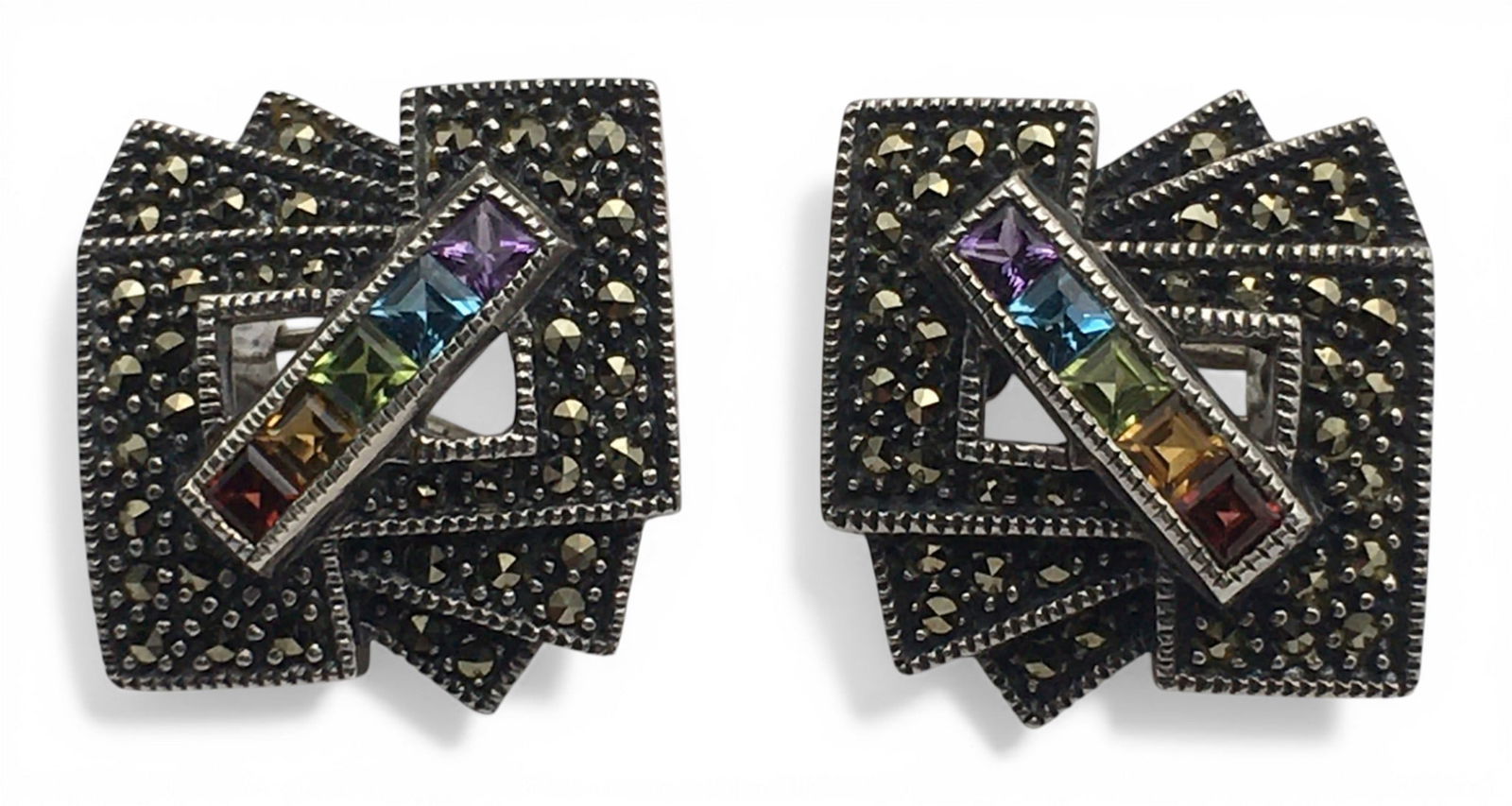 Sterling Silver Colored Stone Earrings: Marked Sterling. 15.4 G. 1.0" Long