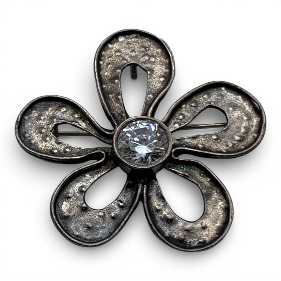 Sterling Silver & Clear Stone Flower Pin: Marked 925 - 1 5/8" Long - 9.6 Grams
