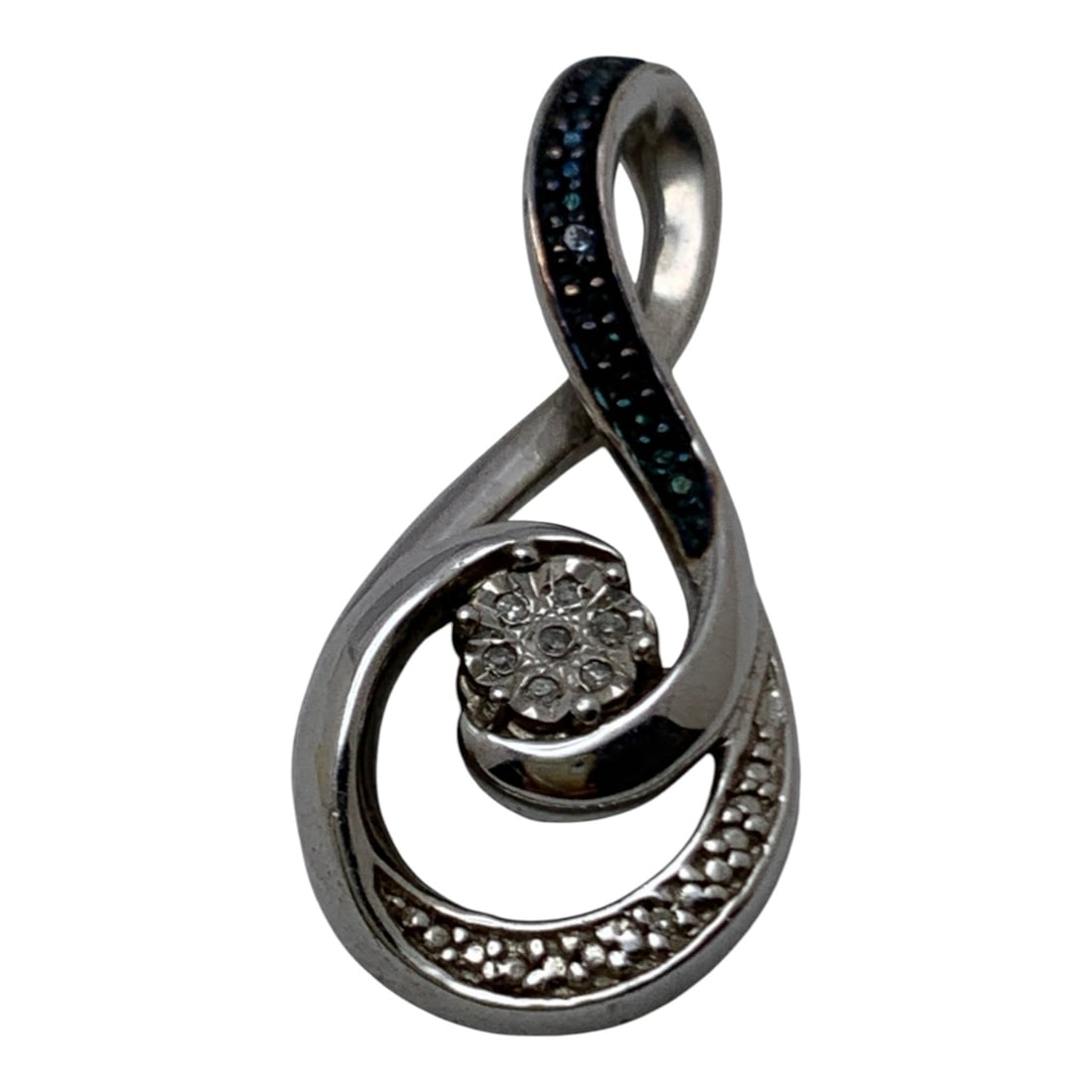 Sterling Silver Pendant W White & Blue Diamonds: Marked 925 - 1 1/8" Long - 3.0 Grams