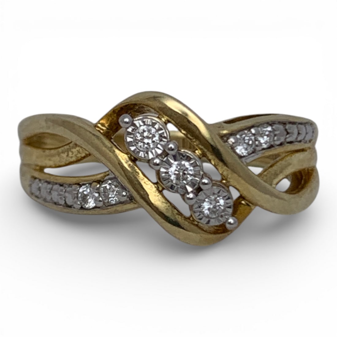 Sterling Silver Gold Tone Ring With Clear Stones: Marked 925 - Size 6 - 2.8 Grams