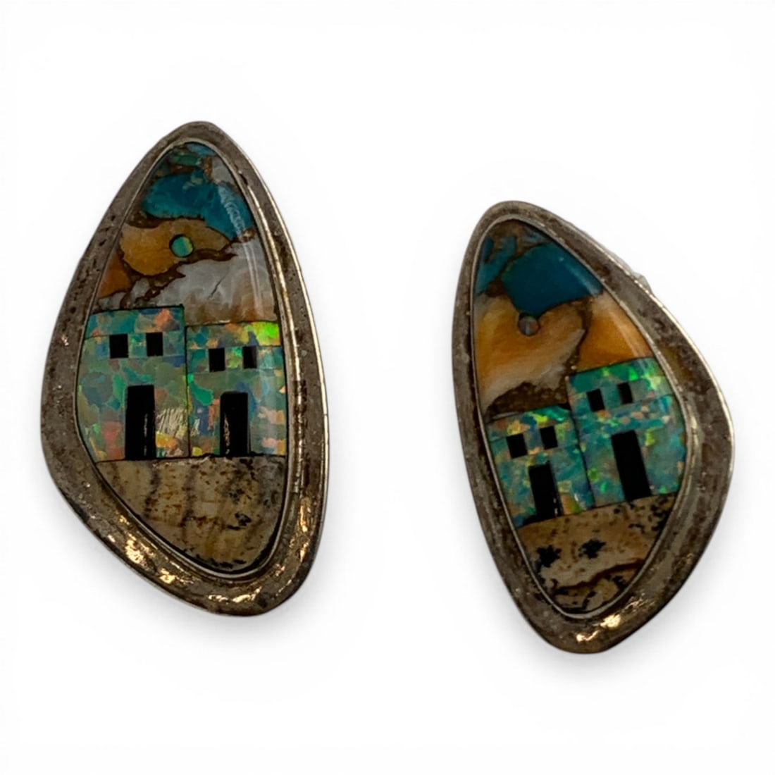 Sterling Silver Earrings With Inlaid Stones: Marked 925 - 1" Long - 4.9 Grams