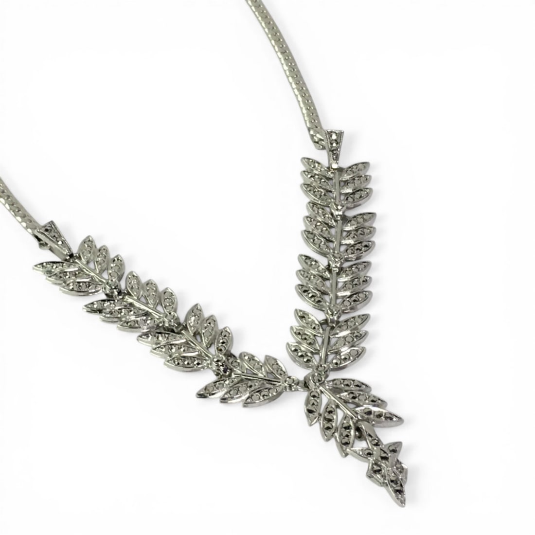 Fashion Marcasite Pendant Necklace: 17" Long, 1.25" Long Pendant.
