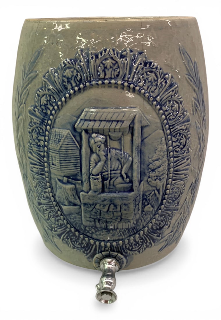 Blue Saltglaze Crock Water Jug: Shows Wear, Hairlines. 14.75" Tall.