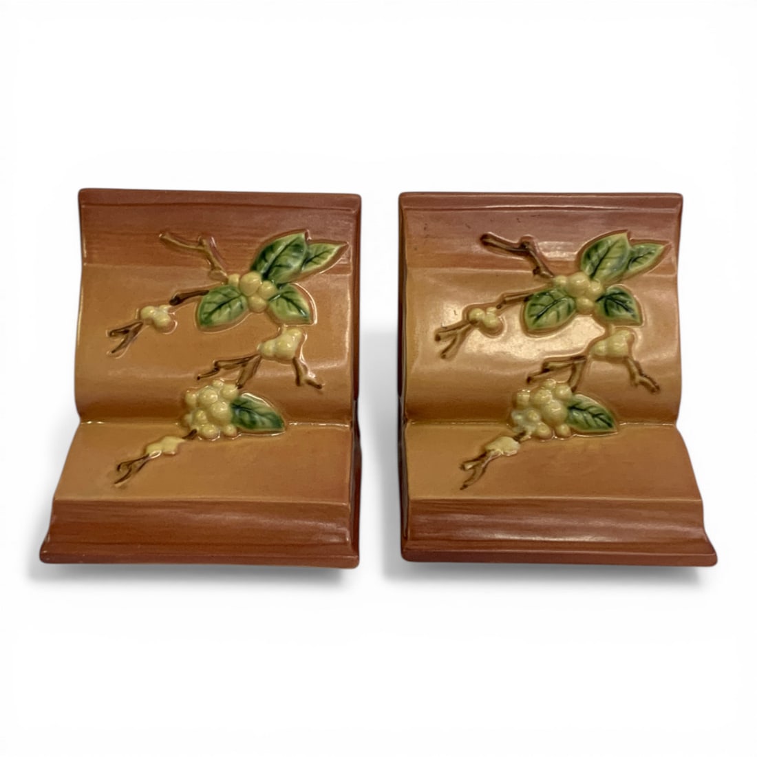 Pair Of Roseville Pottery Snowberry Bookends: Marked On Bottom: Roseville Use - 5 1/8" Tall