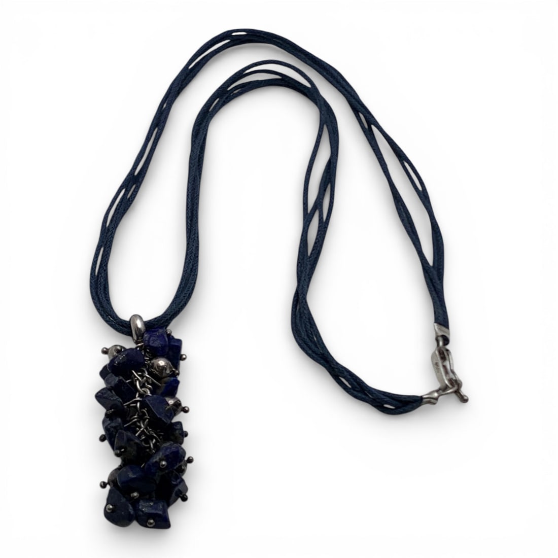 Sterling Lapis & Cord Pendant Necklace: Marked 950 - 19 1/4" Long - 15.3 Grams