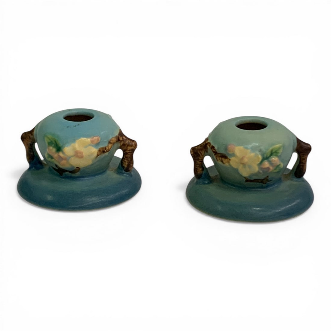Roseville Pottery Apple Blossom Candle Holders: Marked On Bottom: Roseville - 2" Tall
