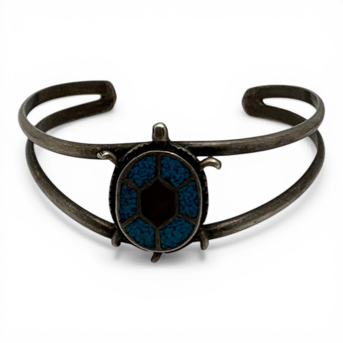 Silver Turtle Cuff Bracelets W Blue & Red Stones: Tests Silver - 1 3/4" Inside Width - 10.2 Grams