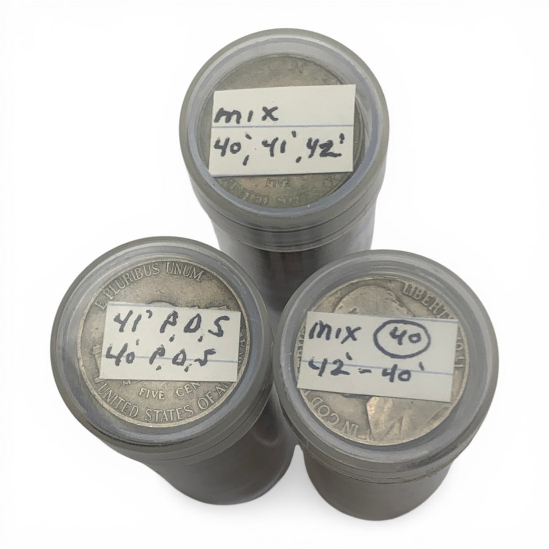 3 Rolls Of 40 Mixed Date Jefferson Nickels: 1 Roll Of 40 1941 P, D, S & 1940 P, D, S Jefferson Nickels1 Roll Of 40 1940-1942 Jefferson Nickels1 Roll Of 40 1940-1942 Jefferson Nickels
