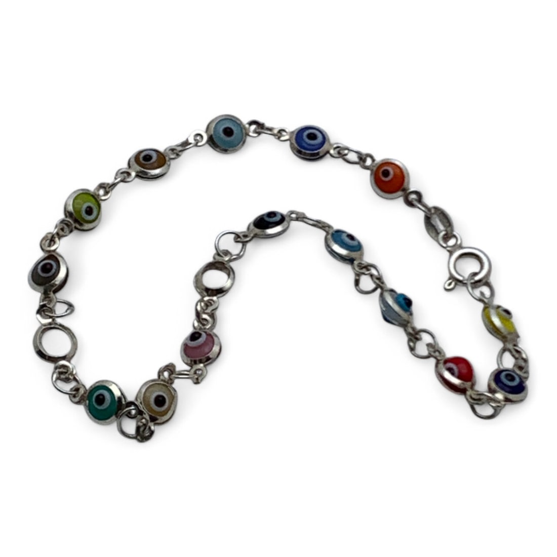 Sterling Silver Evil Eye Bracelet: Marked 925 - 7 5/8" Long - 2.1 Grams