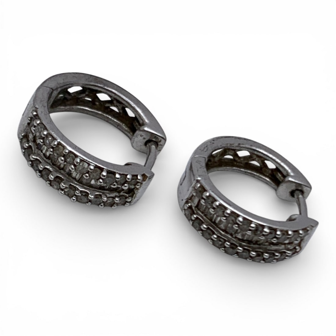 Sterling Silver & Diamond Hoop Earrings: Marked 925 - 1/2" Long - 3.2 Grams