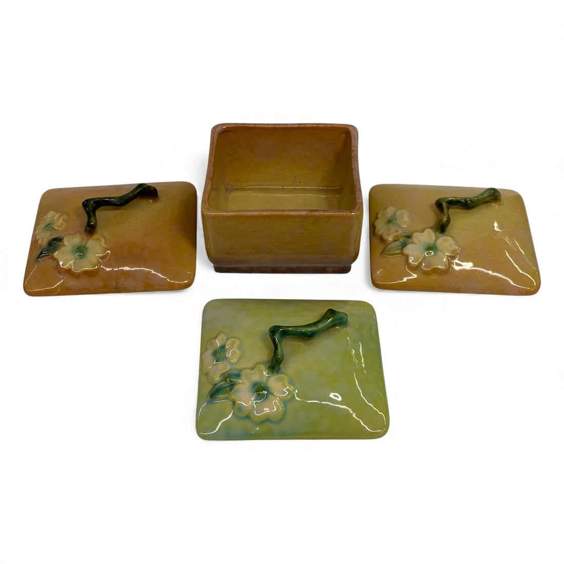 Roseville Jar & 3 Lids: 4.25" Long Base, No Lid, Roseville 240 B.3 Lids, Do Not Fit Base. As - Found, Shows Damage And / Or Restoration, See Photos.