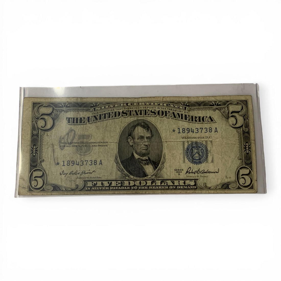 1953 A $5 Silver Certificate Star Note: Series Of 1953 A - Blue Seal