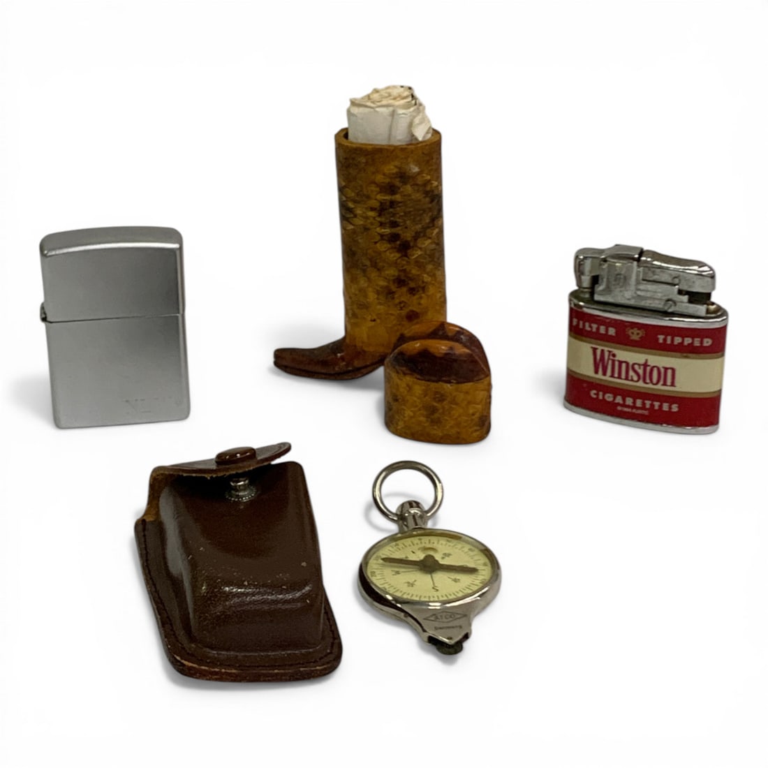 Group Of Miscellaneous Items: Includes 1 Zippo Lighter & 1 Compass In Leather Case