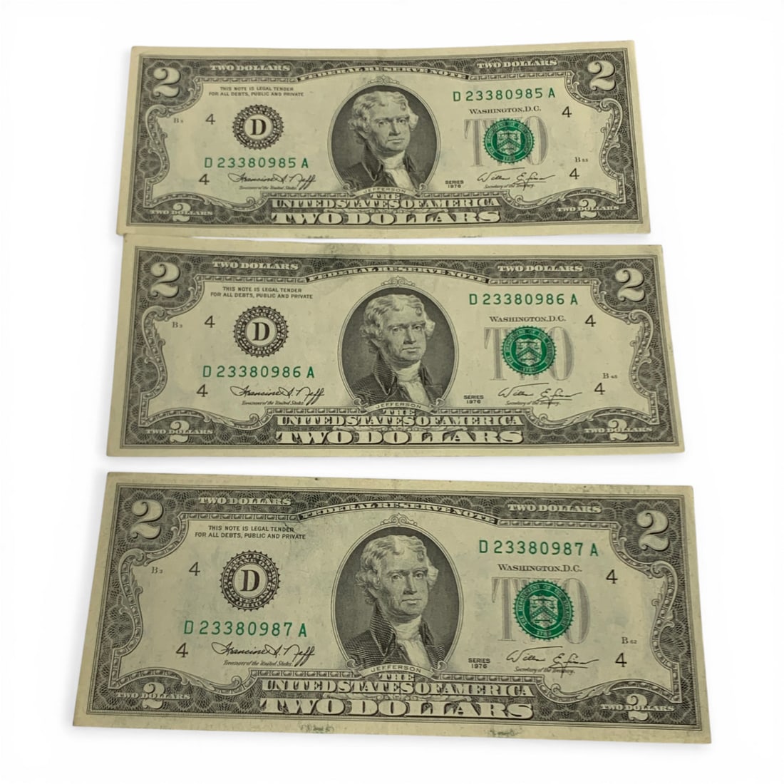 3 $2 1976 Sequential Serial Number Notes: Series Of 1976 - Green Seal - Uncirculated