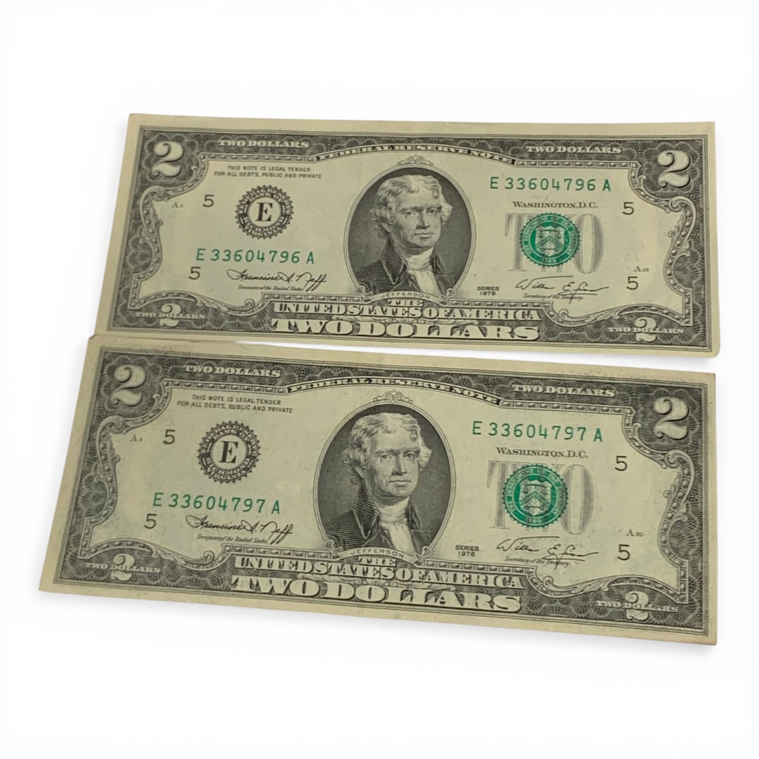 2 $2 1976 Sequential Number Notes: Series Of 1976 - Green Seal - Uncirculated