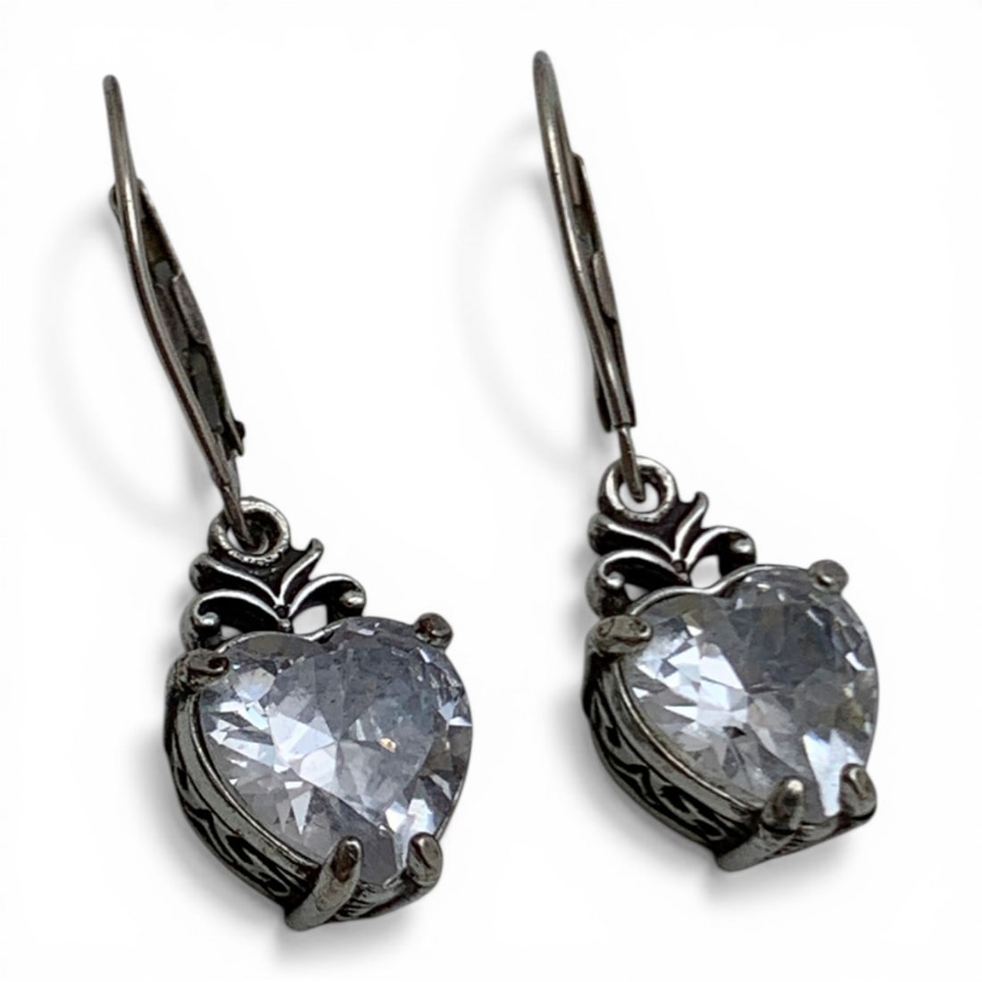 Sterling & Clear Stone Heart Earrings: Marked 925 - 1 3/8" Long - 6.2 Grams