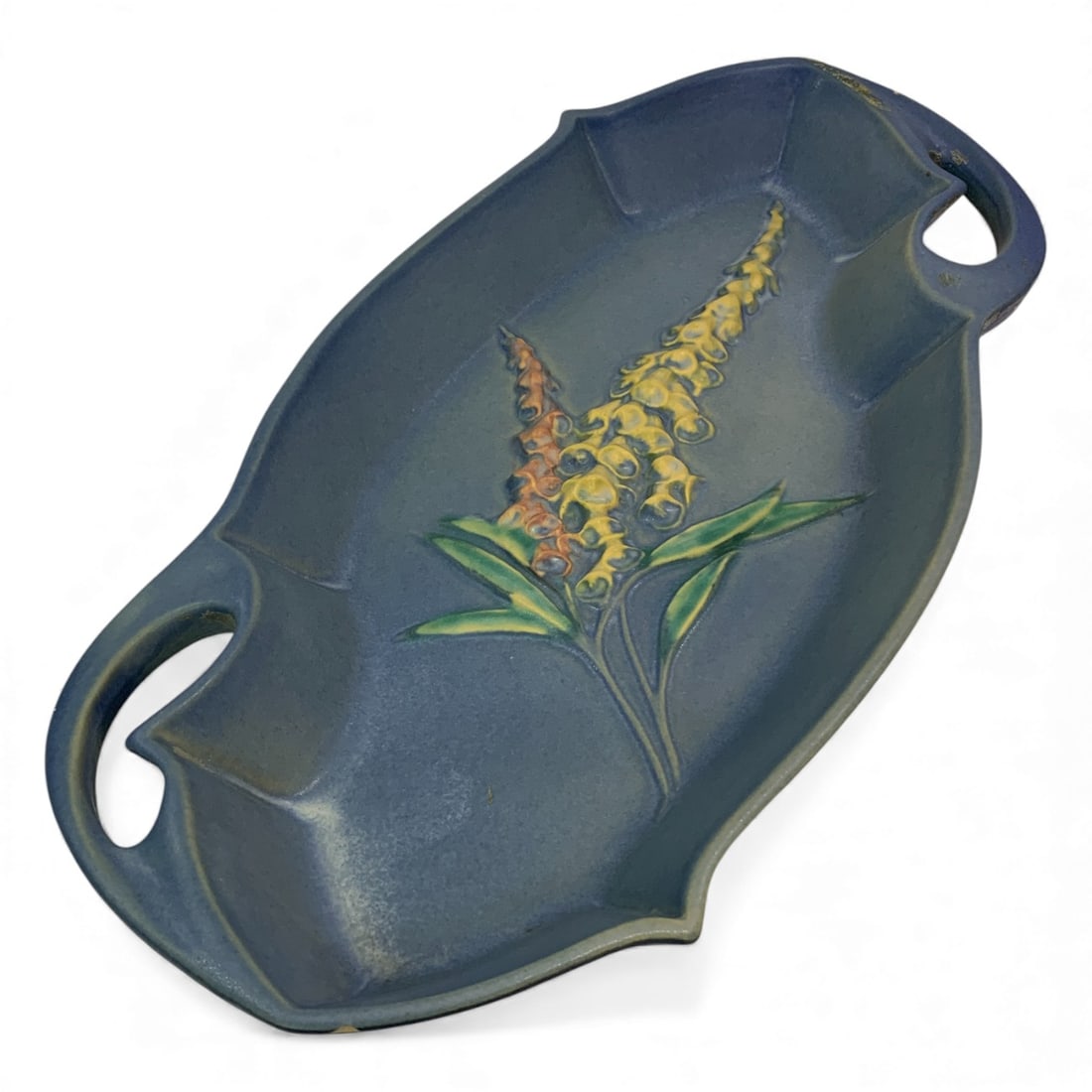 Roseville Pottery Foxglove Tray: Marked Roseville U. S. A. 15" Long. As - Found, Shows Damage And / Or Restoration, See Photos.