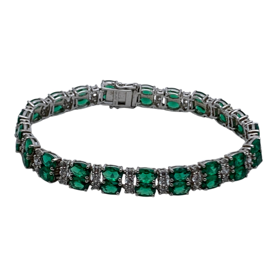 Sterling Silver Bracelet W Clear & Green Stones: Marked 925 - 8 1/8" Long - 19.2 Grams