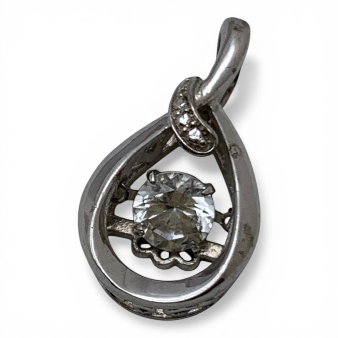 Sterling Silver Pendant W Clear Stone: Marked 925 - 7/8" Long - 2.2 Grams