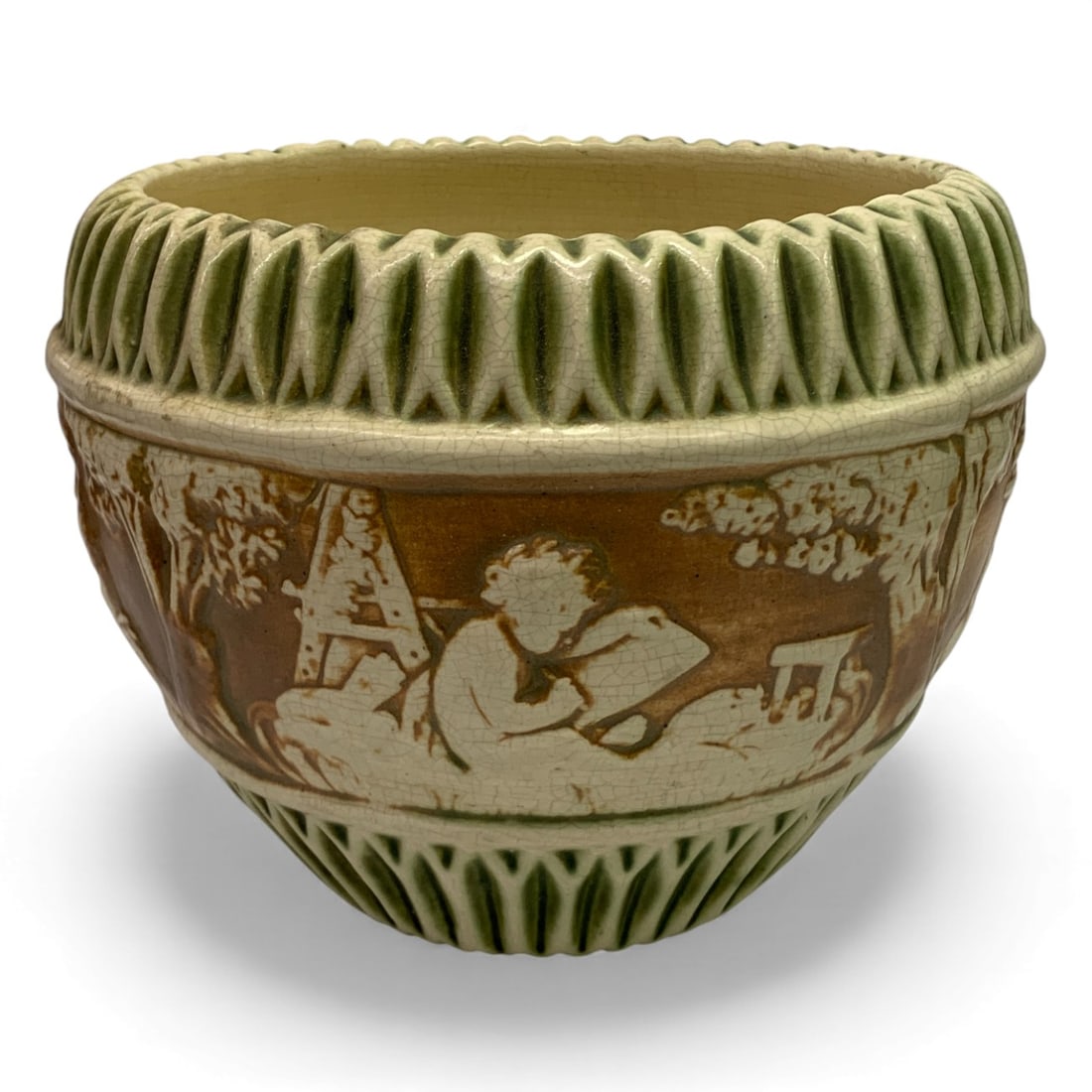 Roseville Pottery Donatello Jardiniere: 7.75" Tall X 10.5" Diameter. As - Found, Shows Damage And / Or Restoration, See Photos.