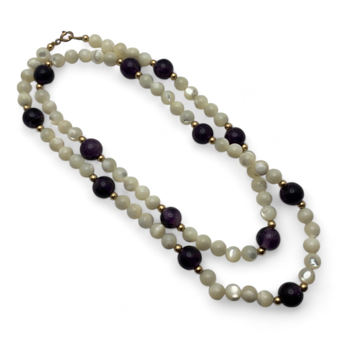 14k Gold Filled Amethyst & Iridescent Necklace: 1/20 14k G. F. 22" Long. 31.5 G.