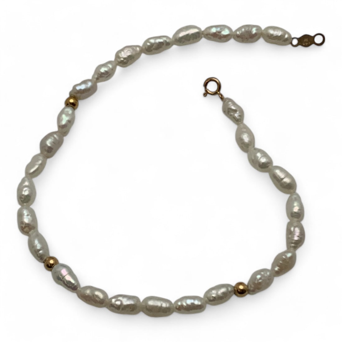 14k Gold & Pearl Bracelet: Marked 14k. 7.75" Long. 5.7 Dwt.