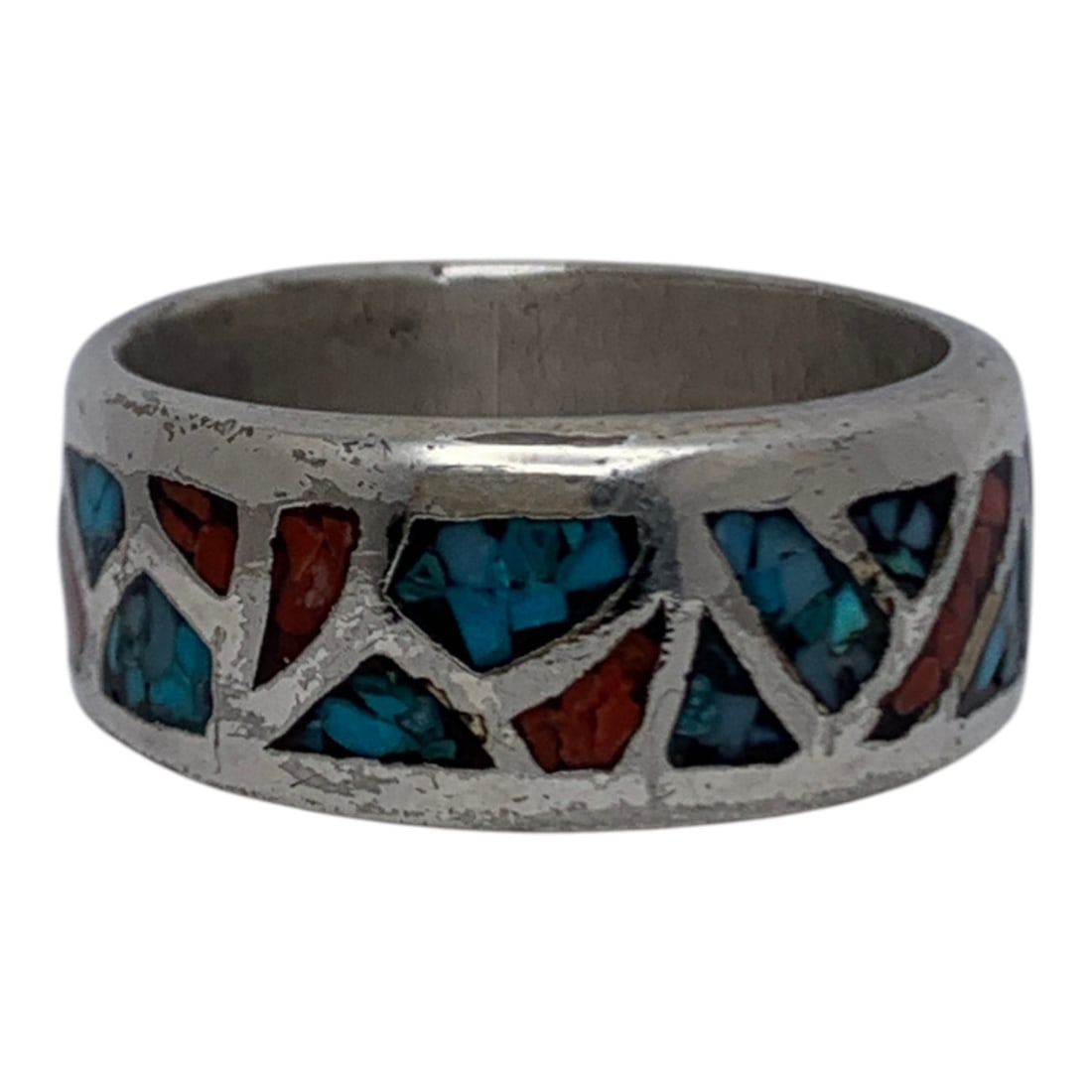 Men's Silver Ring With Red & Blue Stones: Tests Silver - Size 12.25 - 10.0 Grams