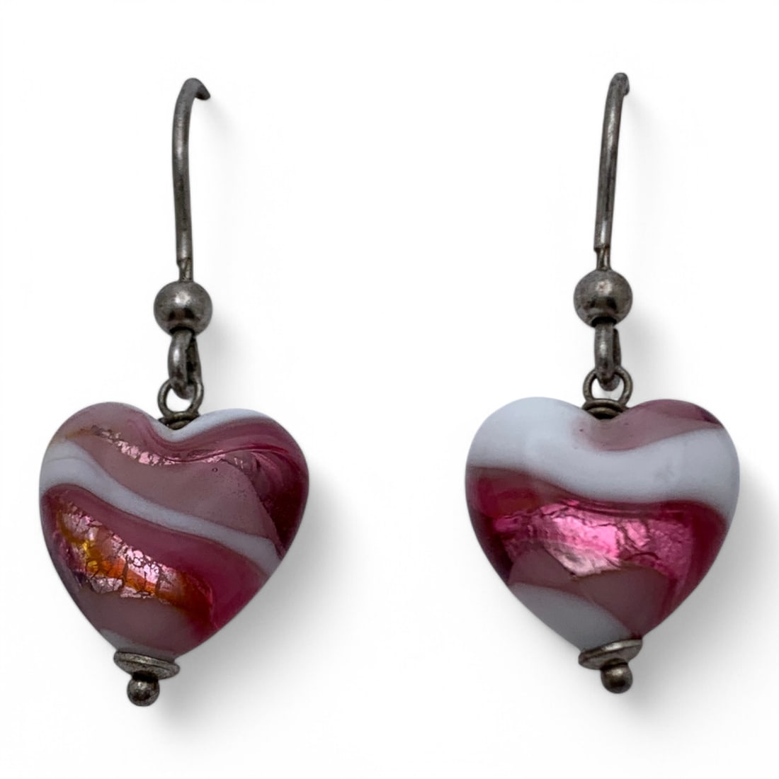 Sterling Silver & Art Glass Heart Earrings: Marked 925 - 1 3/8" Long - 4.7 Grams