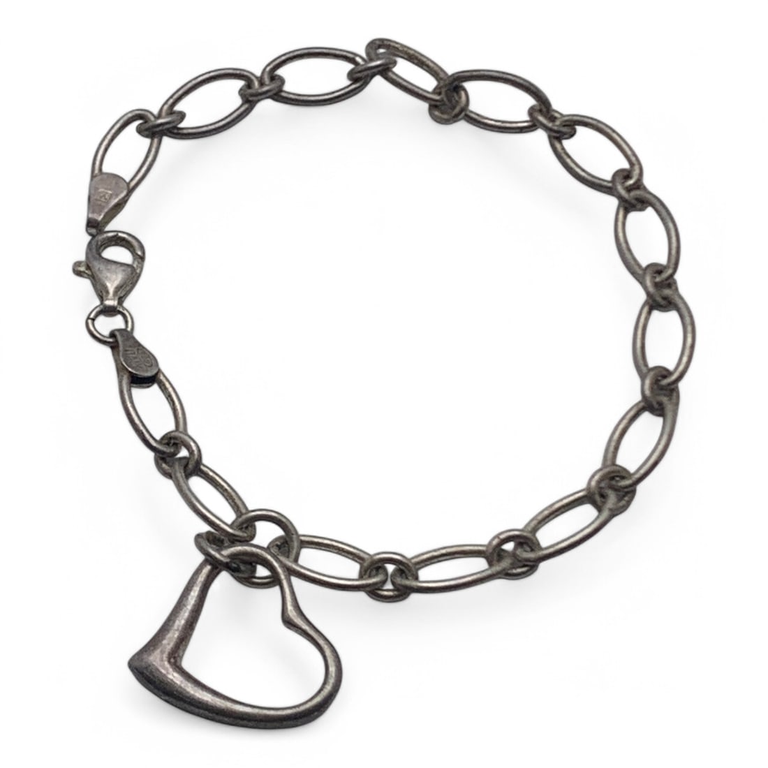 Sterling Silver Bracelet W Heart Charm: Marked 925 - 7 7/8" Long - 9.5 Grams