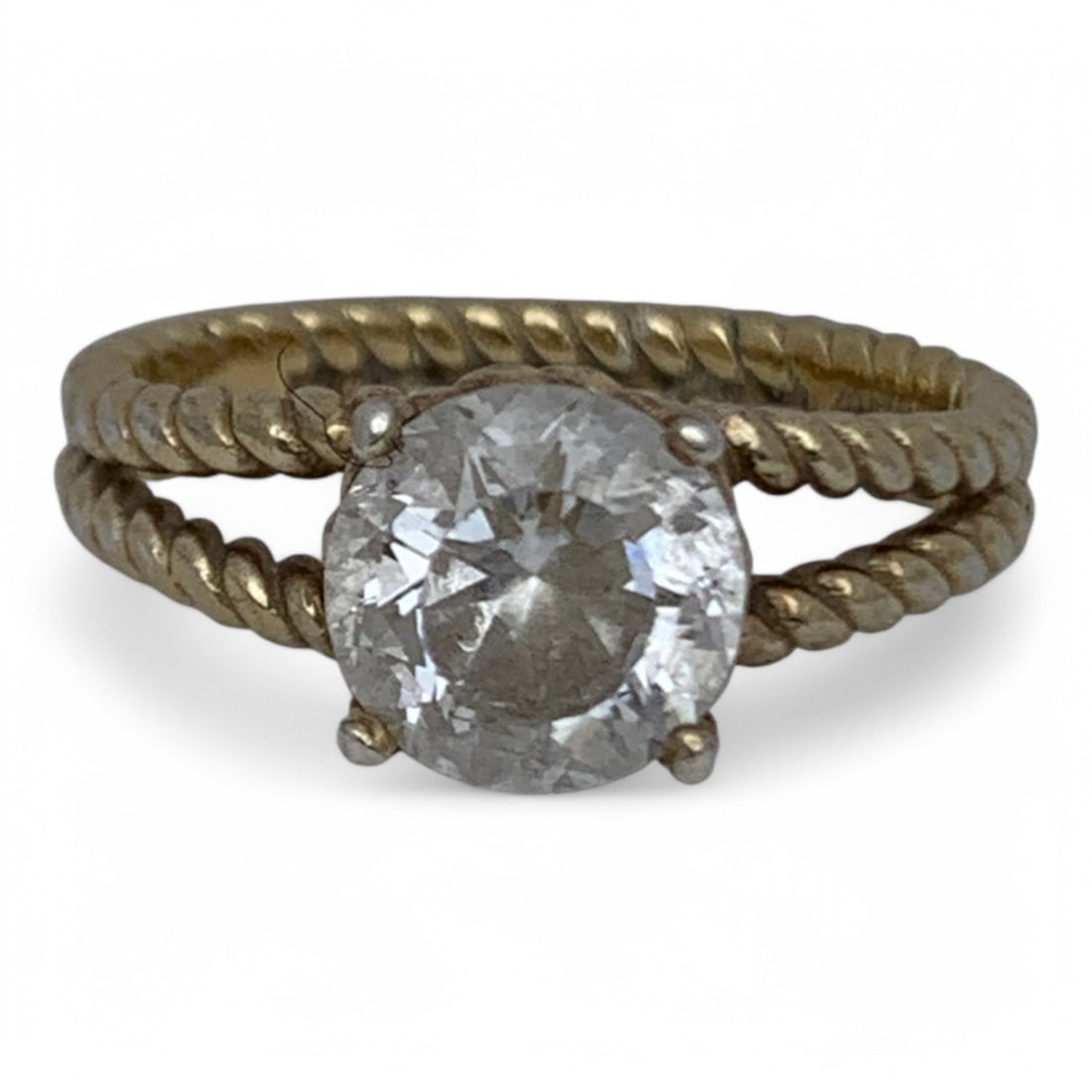 Sterling Silver Gold Tone Ring W Clear Stone: Marked 925 - Size 6 - 3.6 Grams