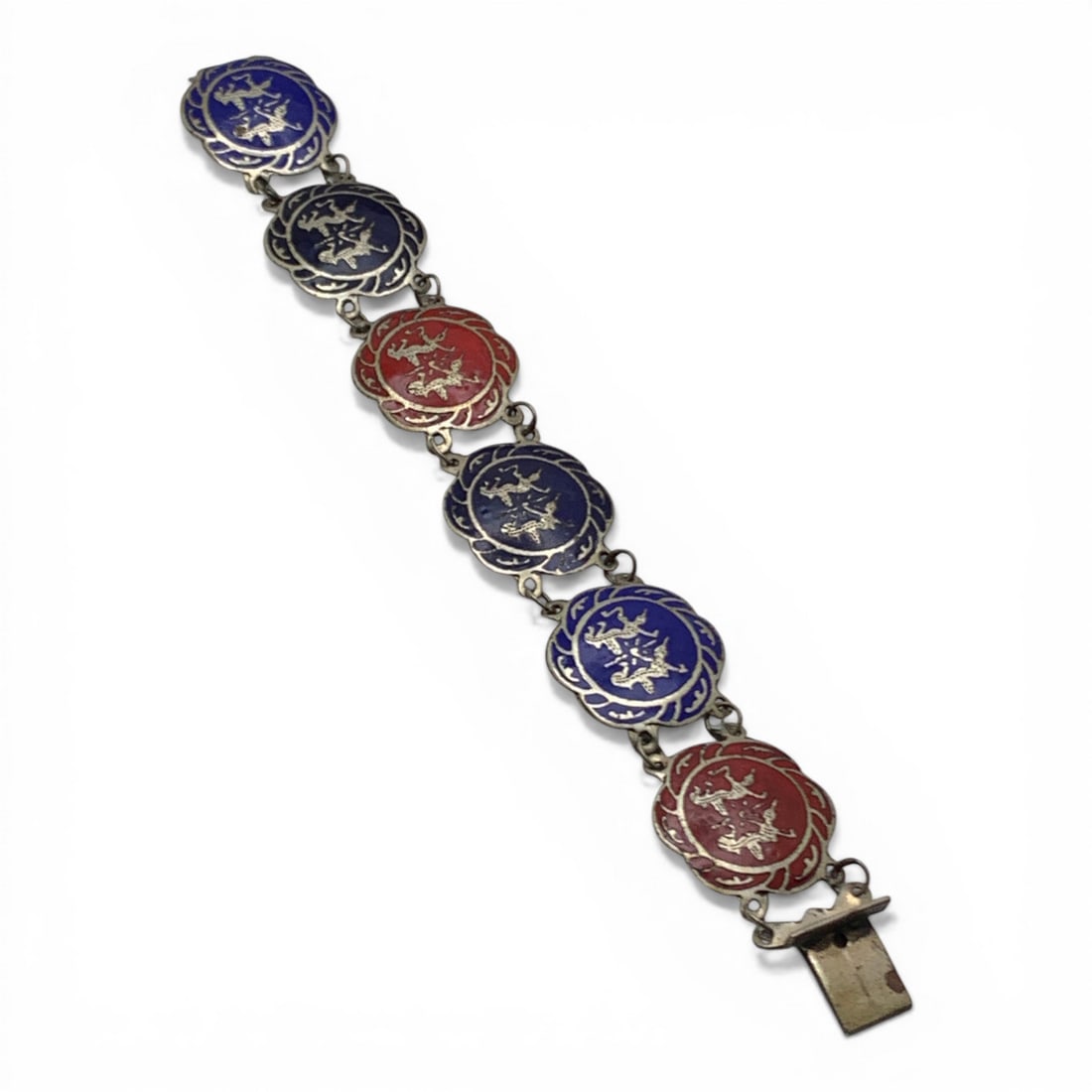 Sterling Silver Enameled Siam Bracelet: Marked Sterling - 7 1/8" Long - 18.7 Grams