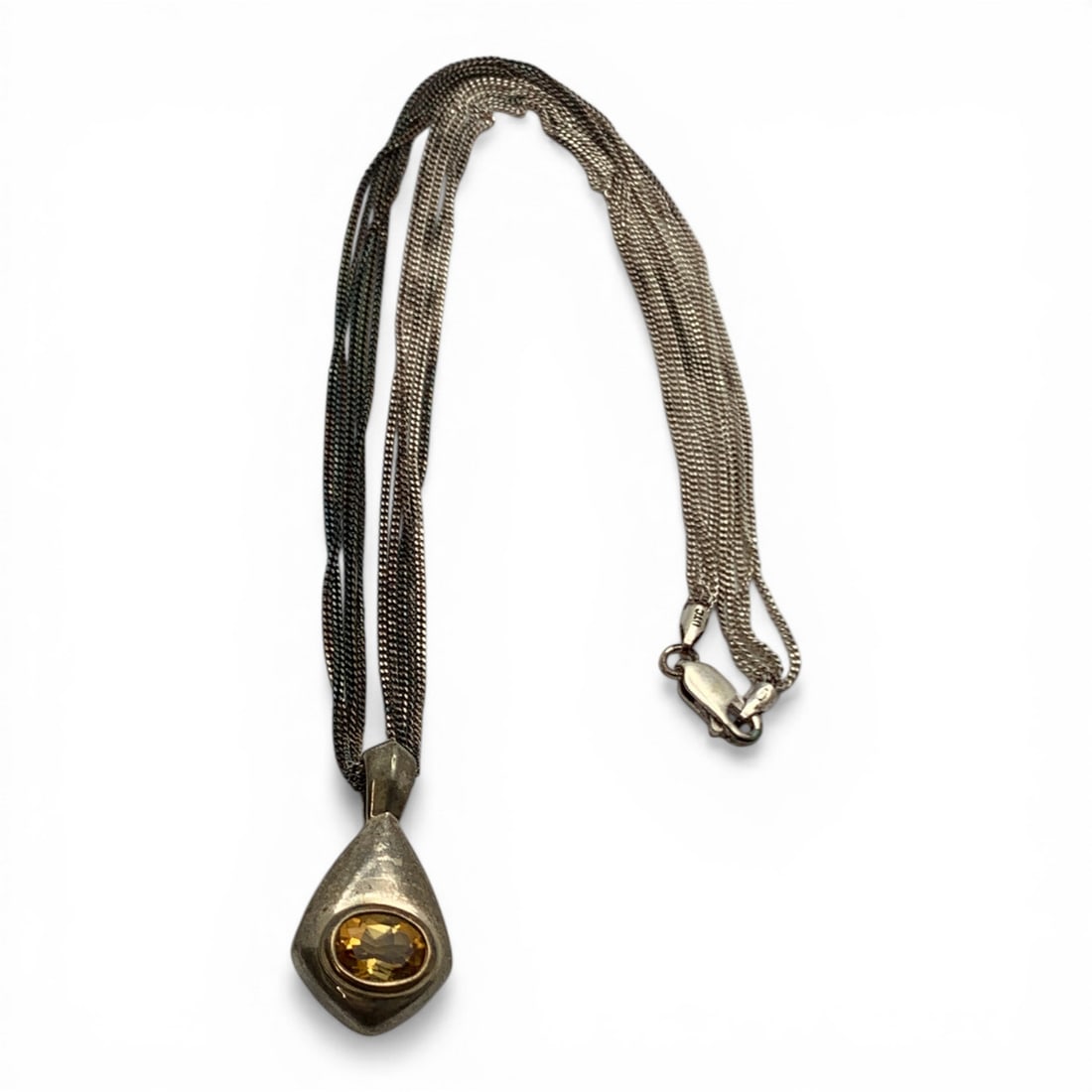 Sterling Necklace W Yellow Stone Pendant: Marked 925 - 16" Long - 12.7 Grams