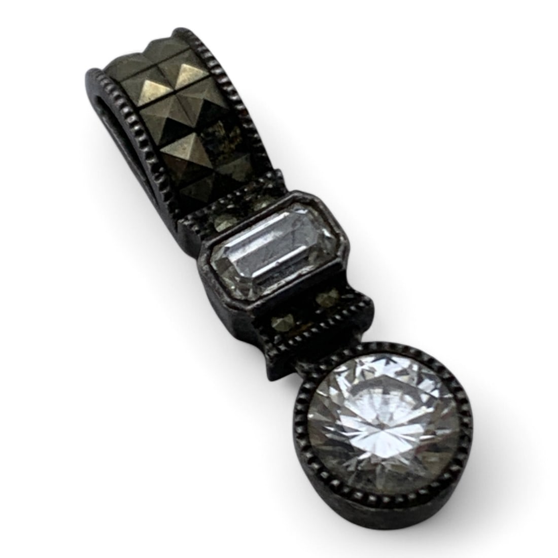 Sterling Silver Marcasite & Clear Stone Pendant: Marked Sterling - 1" Long - 2.3 Grams