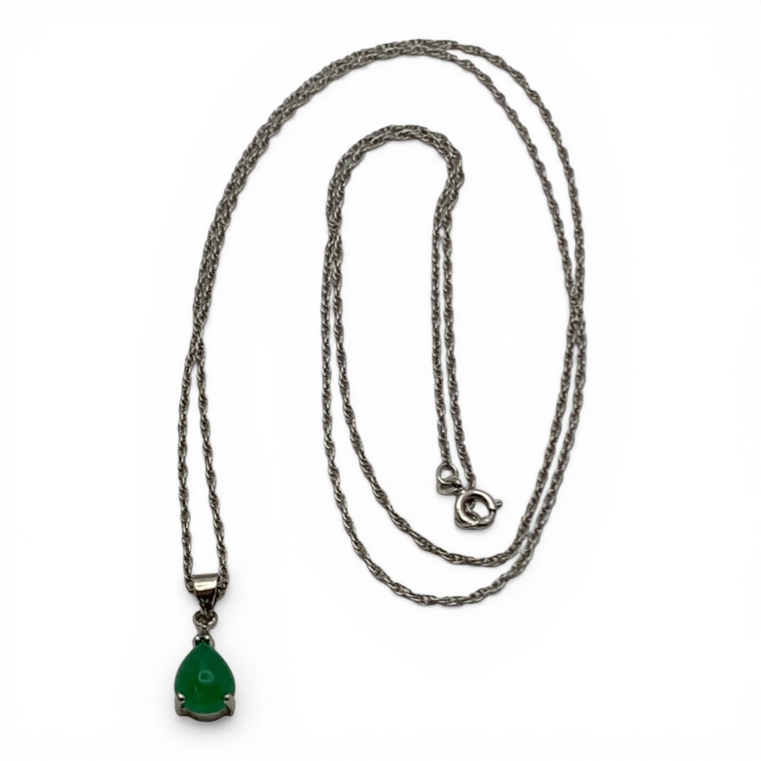 Sterling Silver & Emerald Pendant Necklace: Marked 925 - 30" Long - 3.7 Grams