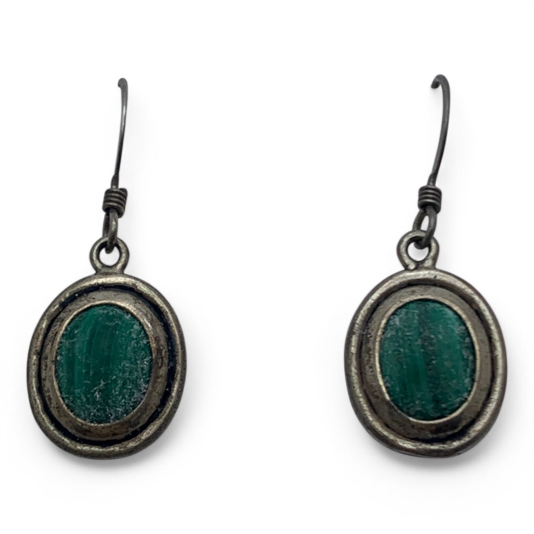 Sterling Silver & Malachite Earrings: Marked 925 - 1 1/8" Long - 3.6 Grams