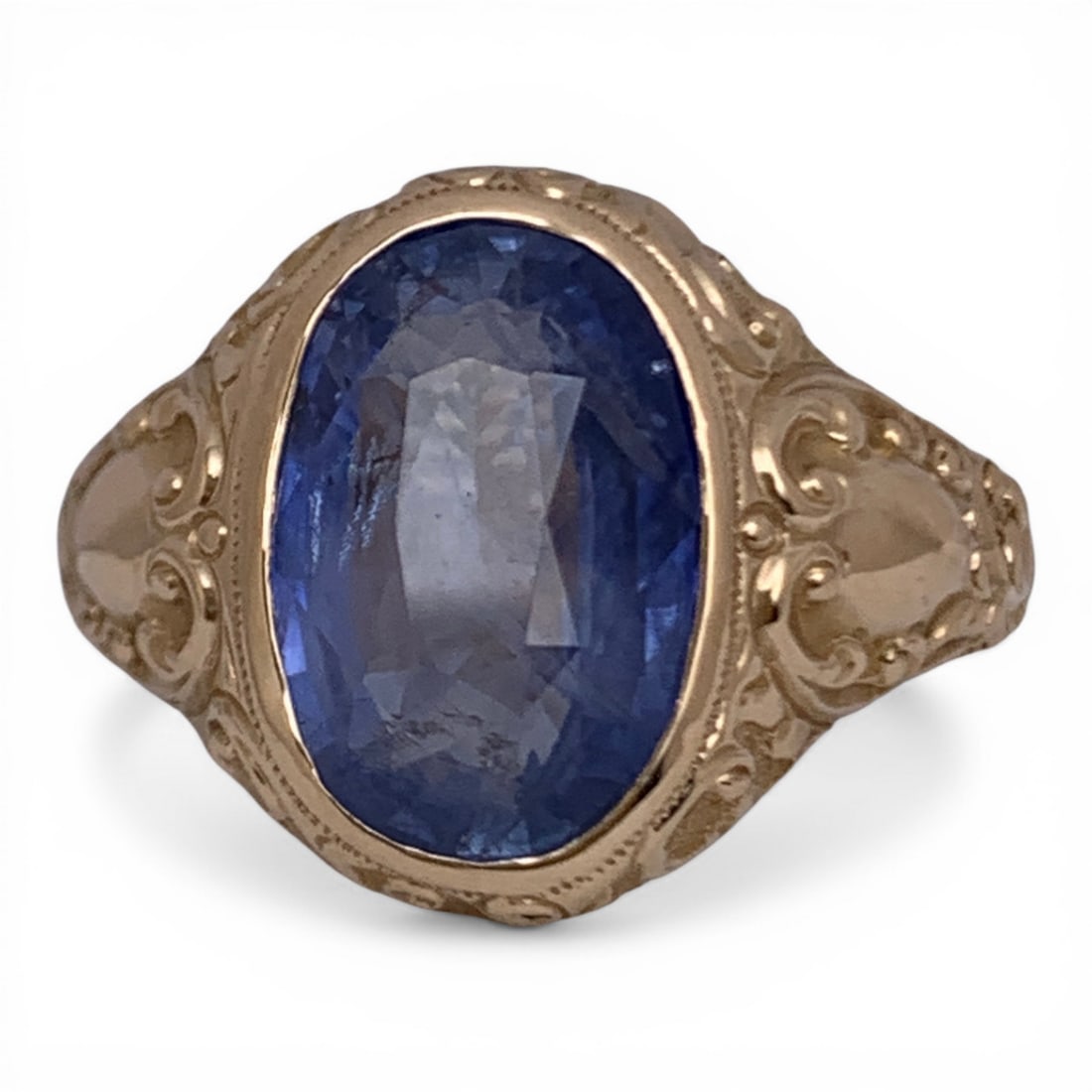 Antique 14k Gold & Ceylon Sapphire Filigree Ring: 14k Yellow Gold & Blue Ceylon Sapphire Ring With A Filigree Design In The Band Featuring A Faceted Oval Cut Natural Ceylon Sapphire Gemstone Approx. 6.37ct. Marked 14k - Size 8.5 - 5.1 Dwt