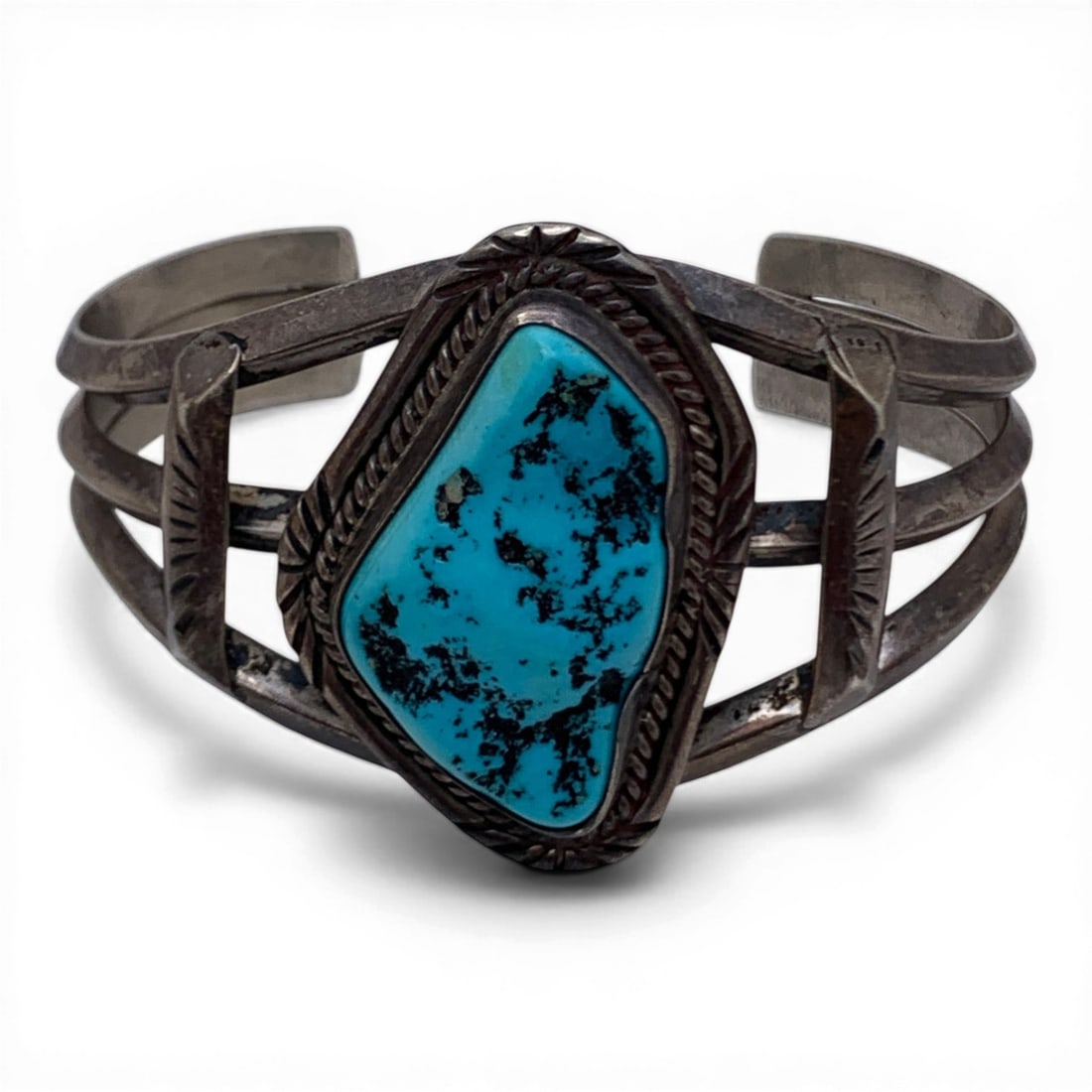 Silver Multi Band Cuff Bracelet W Turquoise Stone: Sterling Silver Cuff Bracelet With A 3 Band Design Featuring A Large Blue With Black Speckle Turquoise Stone Tests Silver - 2 3/8" Inside Width - 42.6 Grams