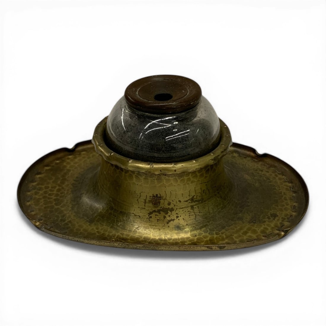 Roycroft Hammered Brass Ink Well: Marked On Side Of Base. 3.25" Tall, 7.75" X 5.25" Tray.