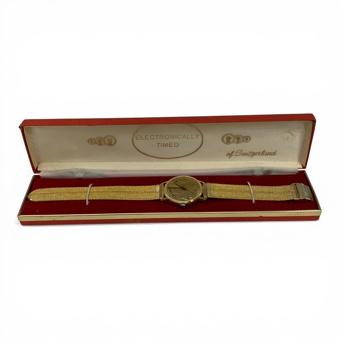 Vintage Gold Tone Commemorative Wrist Watch: Vintage Gold Tone Commemorative Wrist Watch With A Mesh Strap Housed In Its Original Display CaseMarked On Face: 1776-1976 Bicentennial, Swiss Made32mm, 9 1/2" Long